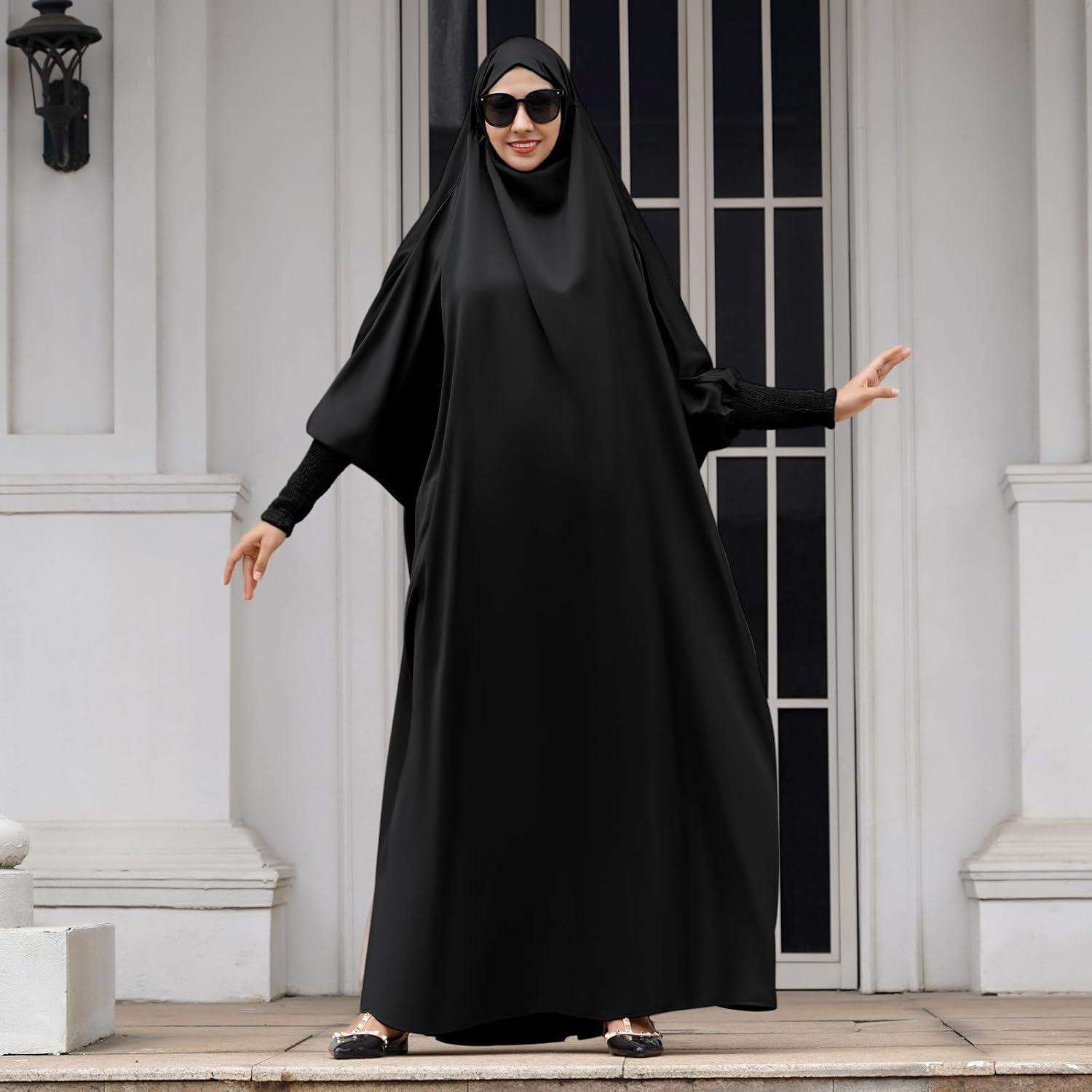 imageIDOPIP Muslim Abaya for Women One Piece Long Sleeve Islamic Prayer Dress with Hooded Hijab Maxi Kaftan Robe Modest ClothesBlack