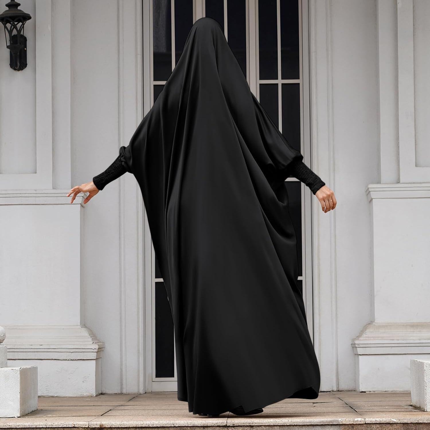 imageIDOPIP Muslim Abaya for Women One Piece Long Sleeve Islamic Prayer Dress with Hooded Hijab Maxi Kaftan Robe Modest ClothesBlack