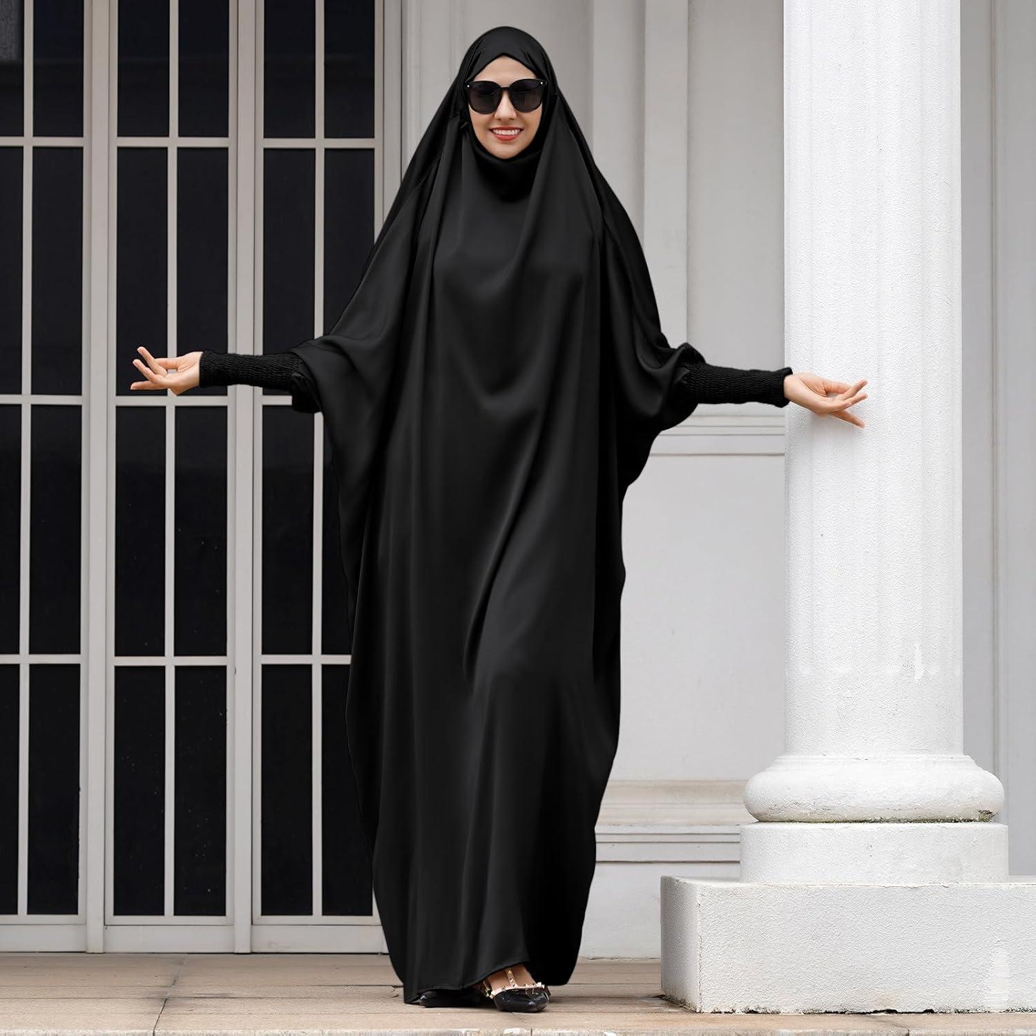 imageIDOPIP Muslim Abaya for Women One Piece Long Sleeve Islamic Prayer Dress with Hooded Hijab Maxi Kaftan Robe Modest ClothesBlack