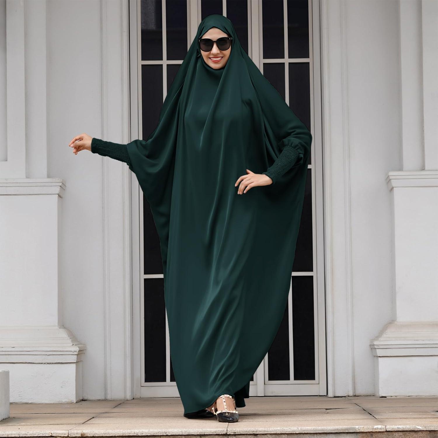 imageIDOPIP Muslim Abaya for Women One Piece Long Sleeve Islamic Prayer Dress with Hooded Hijab Maxi Kaftan Robe Modest ClothesBlackish Green