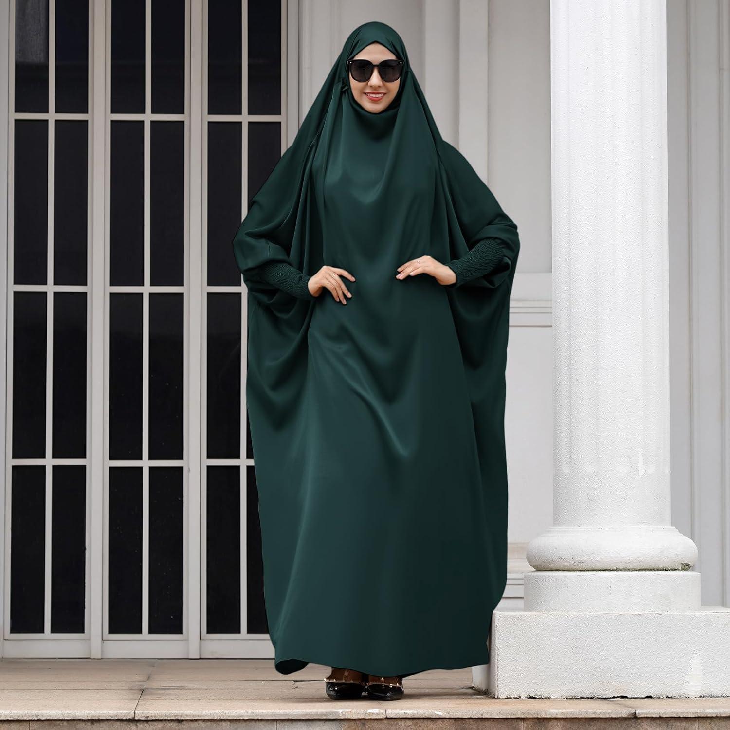 imageIDOPIP Muslim Abaya for Women One Piece Long Sleeve Islamic Prayer Dress with Hooded Hijab Maxi Kaftan Robe Modest ClothesBlackish Green