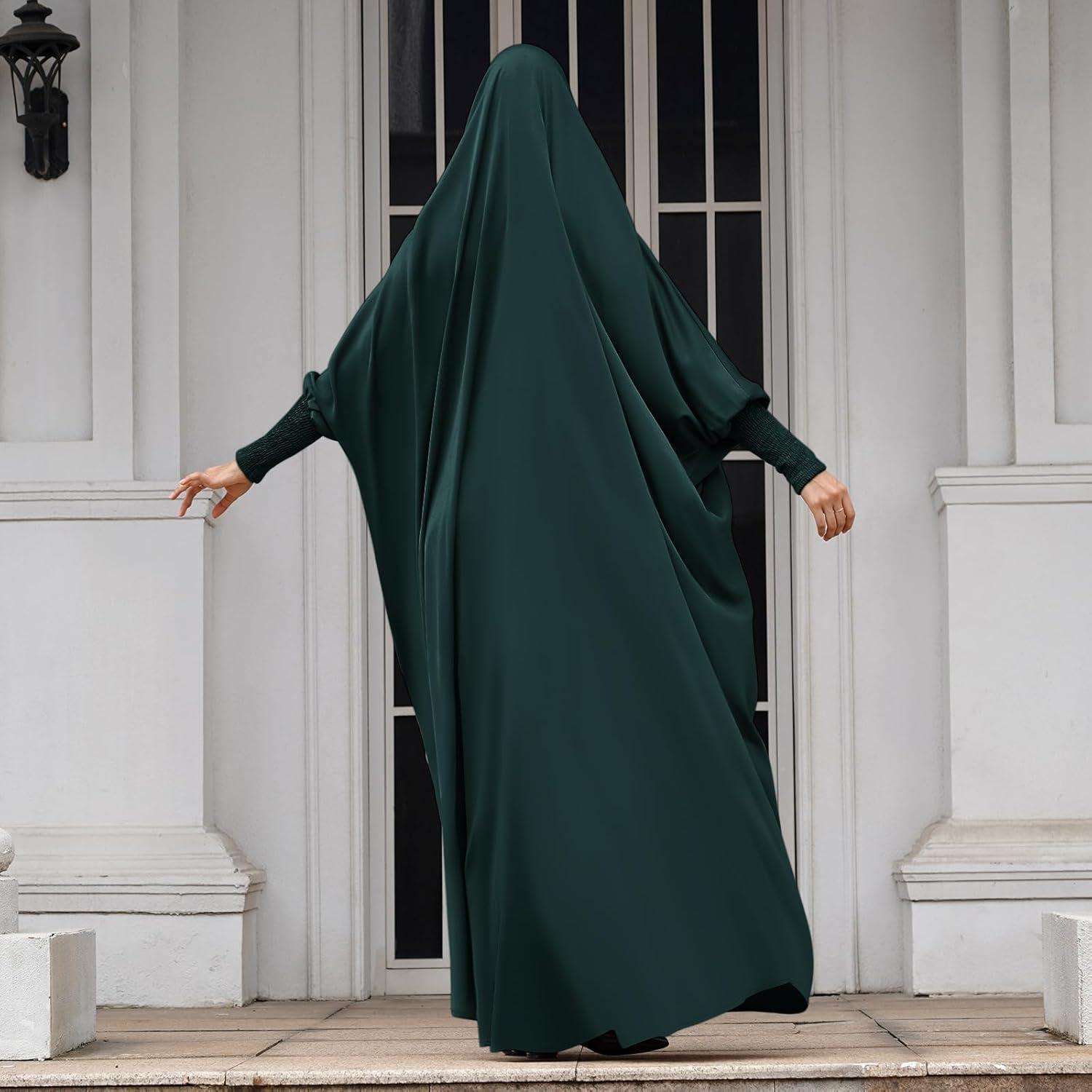 imageIDOPIP Muslim Abaya for Women One Piece Long Sleeve Islamic Prayer Dress with Hooded Hijab Maxi Kaftan Robe Modest ClothesBlackish Green