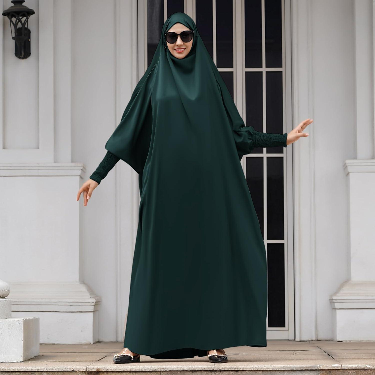 imageIDOPIP Muslim Abaya for Women One Piece Long Sleeve Islamic Prayer Dress with Hooded Hijab Maxi Kaftan Robe Modest ClothesBlackish Green
