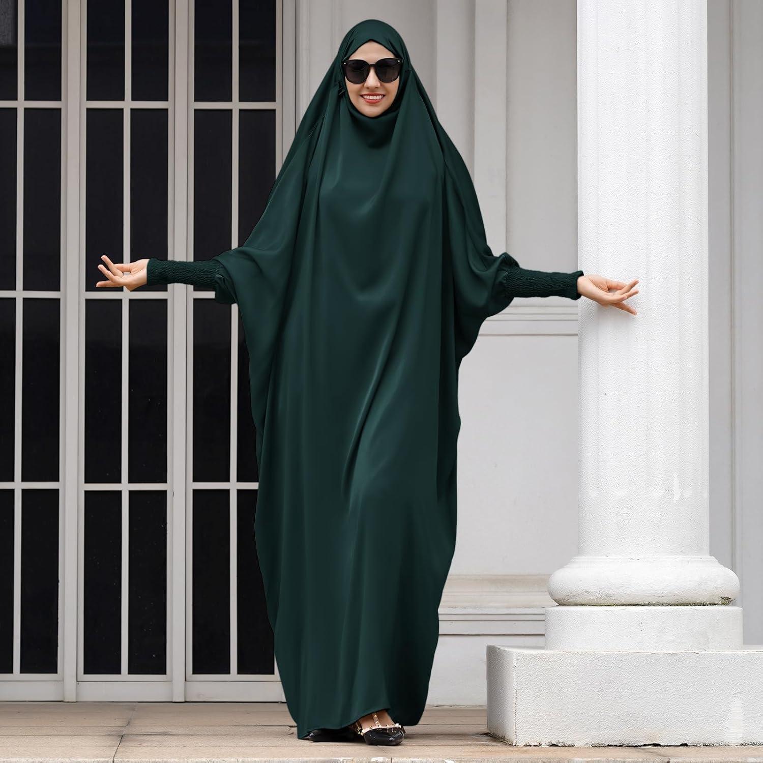 imageIDOPIP Muslim Abaya for Women One Piece Long Sleeve Islamic Prayer Dress with Hooded Hijab Maxi Kaftan Robe Modest ClothesBlackish Green