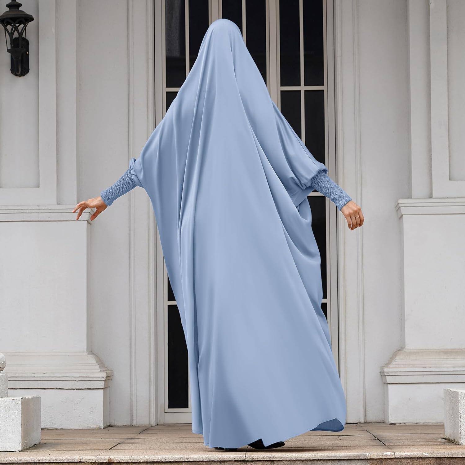imageIDOPIP Muslim Abaya for Women One Piece Long Sleeve Islamic Prayer Dress with Hooded Hijab Maxi Kaftan Robe Modest ClothesBlue
