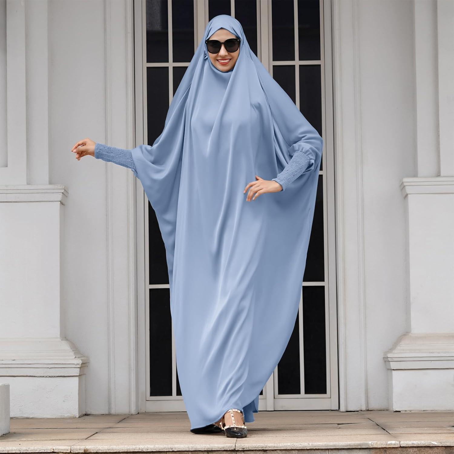imageIDOPIP Muslim Abaya for Women One Piece Long Sleeve Islamic Prayer Dress with Hooded Hijab Maxi Kaftan Robe Modest ClothesBlue