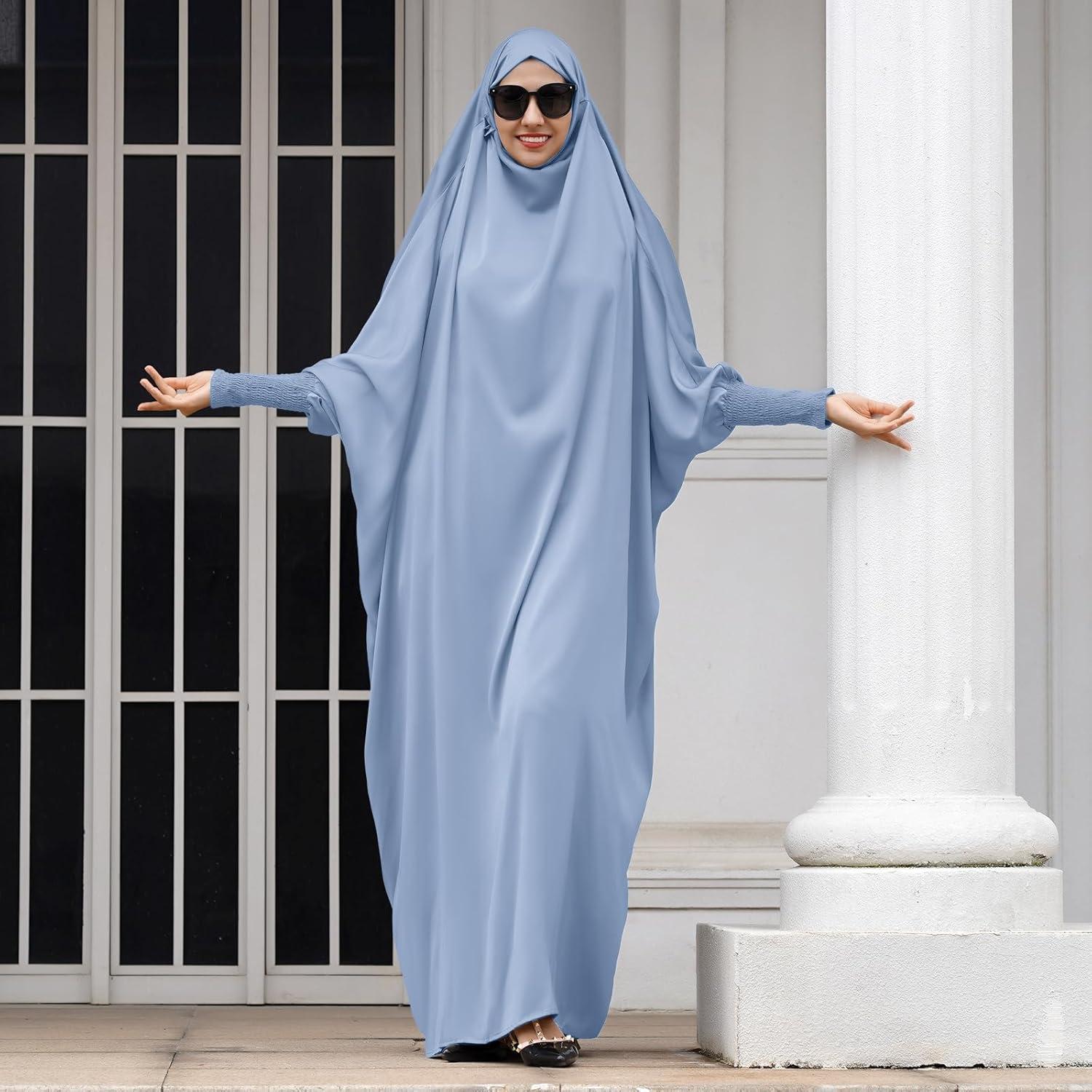 imageIDOPIP Muslim Abaya for Women One Piece Long Sleeve Islamic Prayer Dress with Hooded Hijab Maxi Kaftan Robe Modest ClothesBlue