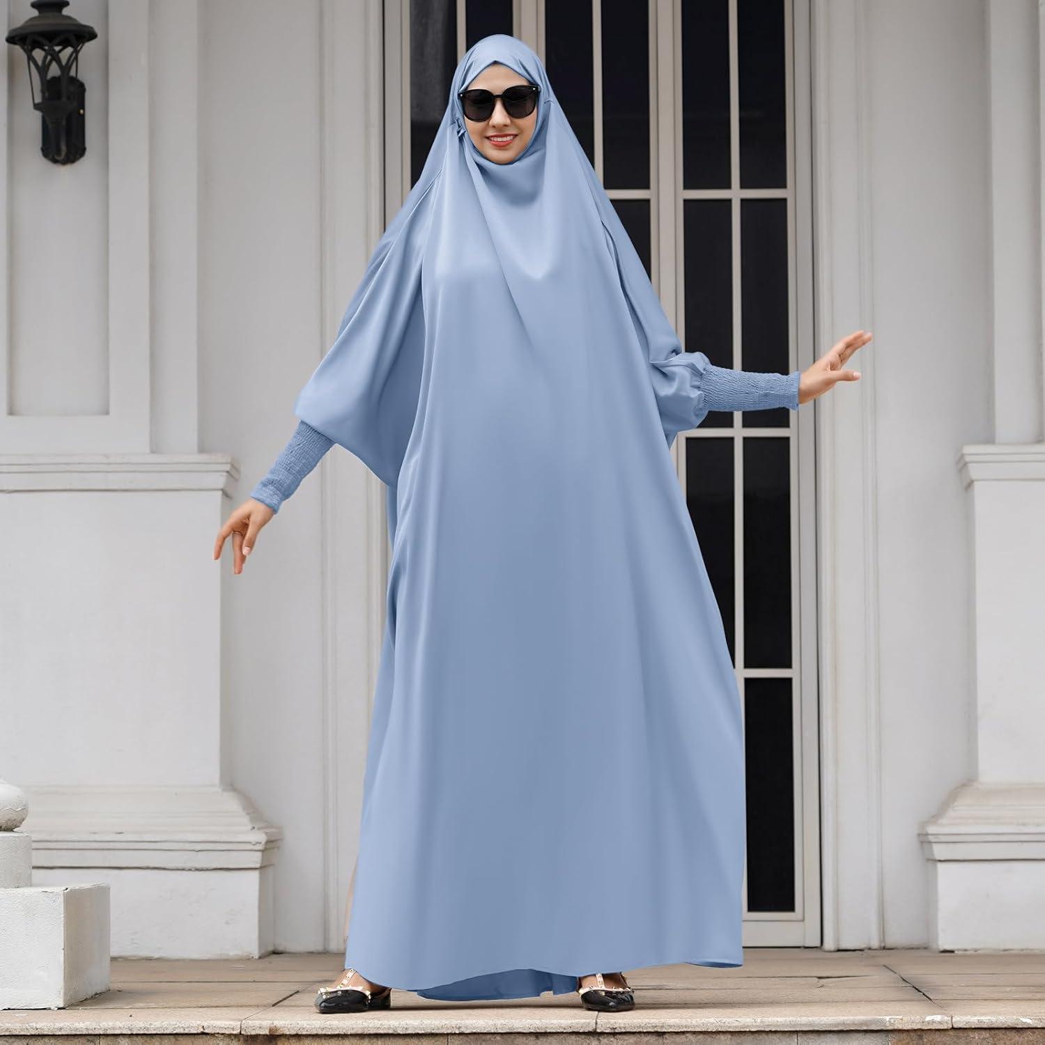imageIDOPIP Muslim Abaya for Women One Piece Long Sleeve Islamic Prayer Dress with Hooded Hijab Maxi Kaftan Robe Modest ClothesBlue