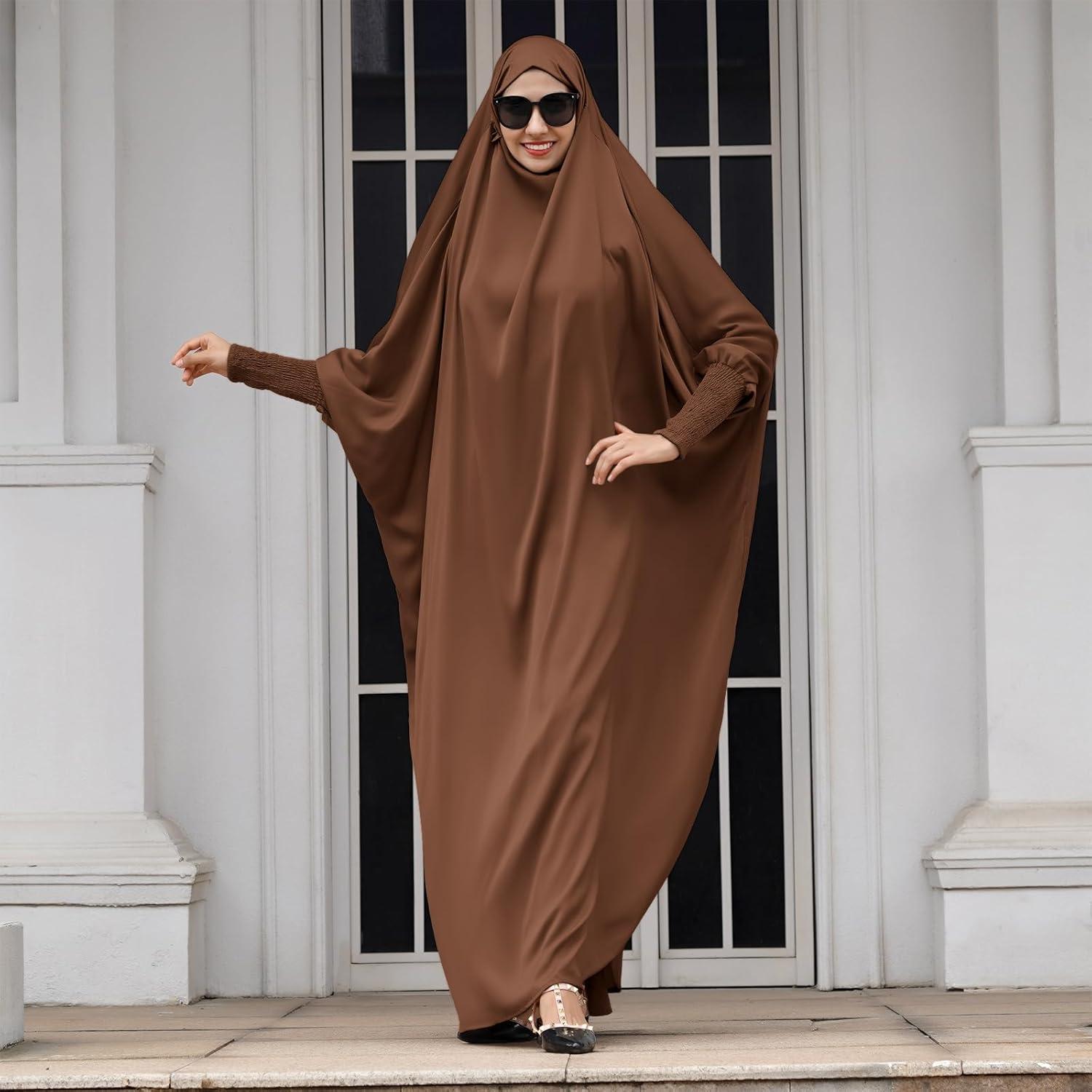 imageIDOPIP Muslim Abaya for Women One Piece Long Sleeve Islamic Prayer Dress with Hooded Hijab Maxi Kaftan Robe Modest ClothesCoffee