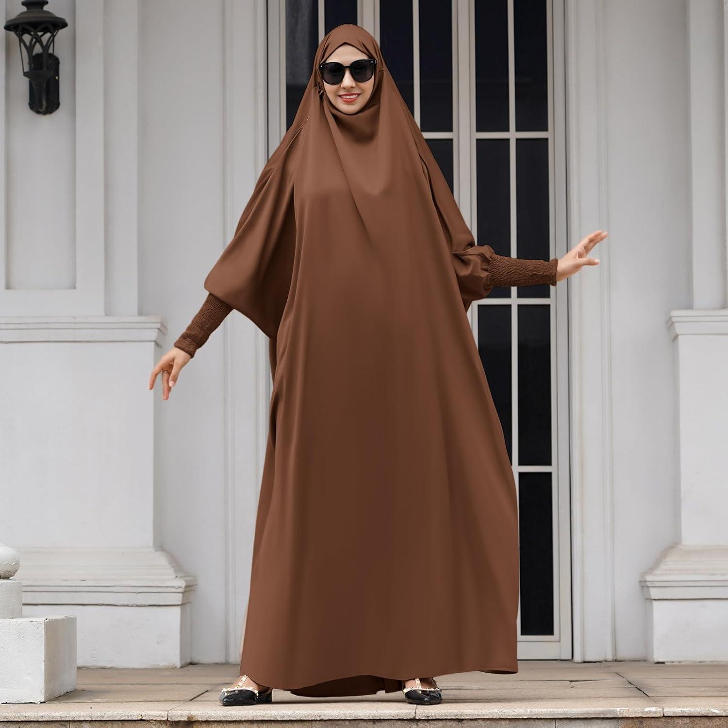 imageIDOPIP Muslim Abaya for Women One Piece Long Sleeve Islamic Prayer Dress with Hooded Hijab Maxi Kaftan Robe Modest ClothesCoffee