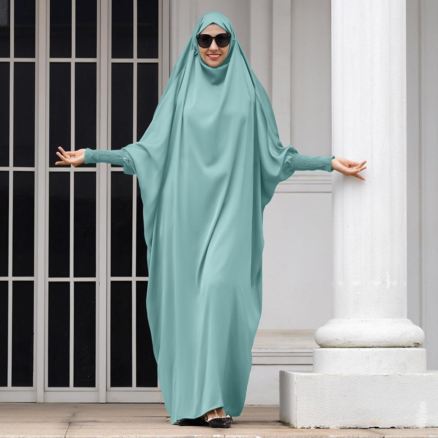 imageIDOPIP Muslim Abaya for Women One Piece Long Sleeve Islamic Prayer Dress with Hooded Hijab Maxi Kaftan Robe Modest ClothesLight Green