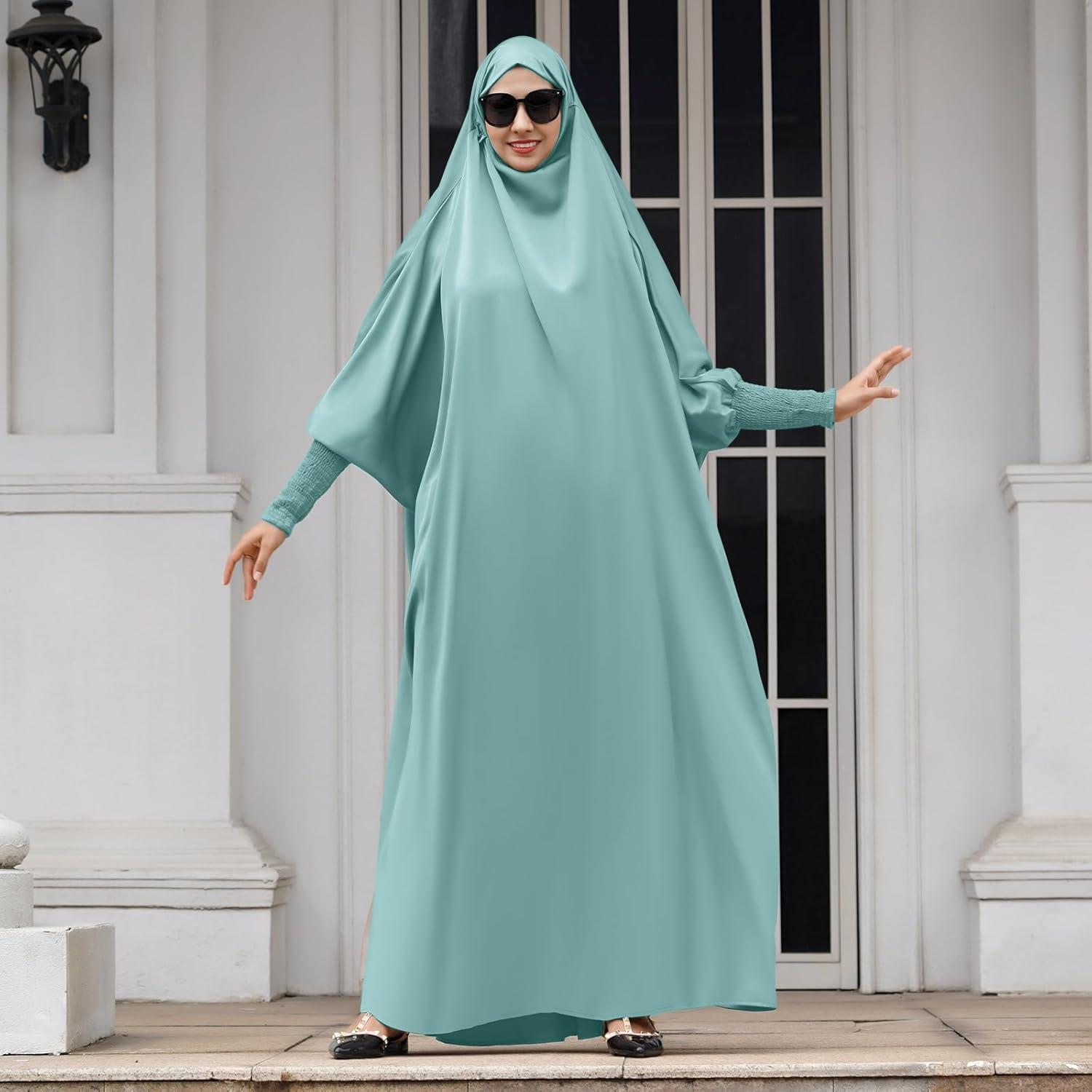 imageIDOPIP Muslim Abaya for Women One Piece Long Sleeve Islamic Prayer Dress with Hooded Hijab Maxi Kaftan Robe Modest ClothesLight Green