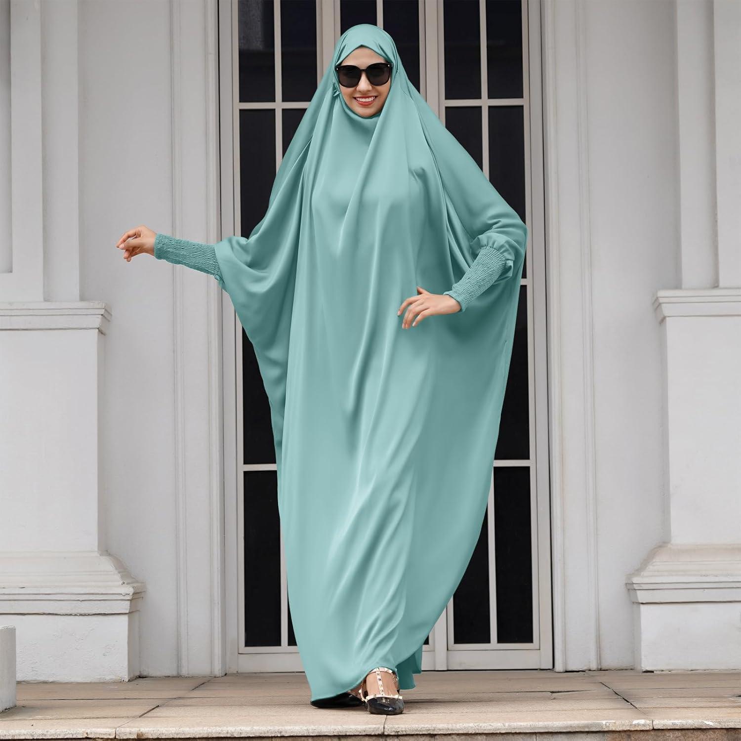 imageIDOPIP Muslim Abaya for Women One Piece Long Sleeve Islamic Prayer Dress with Hooded Hijab Maxi Kaftan Robe Modest ClothesLight Green
