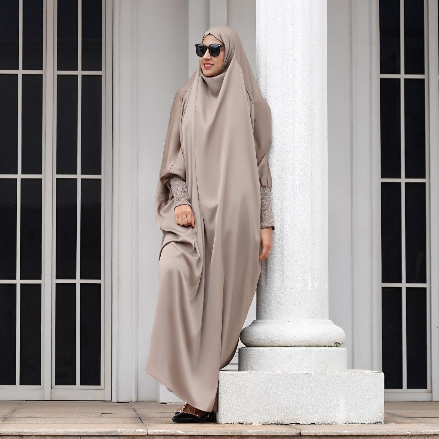 imageIDOPIP Muslim Abaya for Women One Piece Long Sleeve Islamic Prayer Dress with Hooded Hijab Maxi Kaftan Robe Modest ClothesLight Khaki