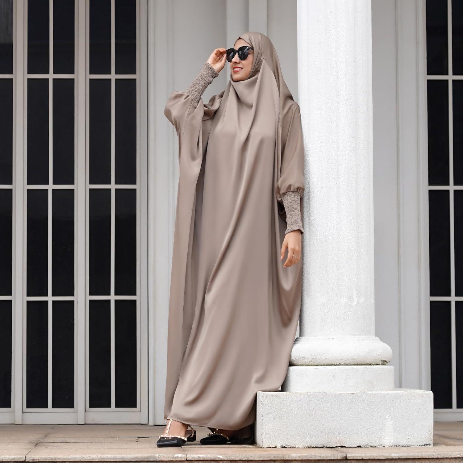 imageIDOPIP Muslim Abaya for Women One Piece Long Sleeve Islamic Prayer Dress with Hooded Hijab Maxi Kaftan Robe Modest ClothesLight Khaki