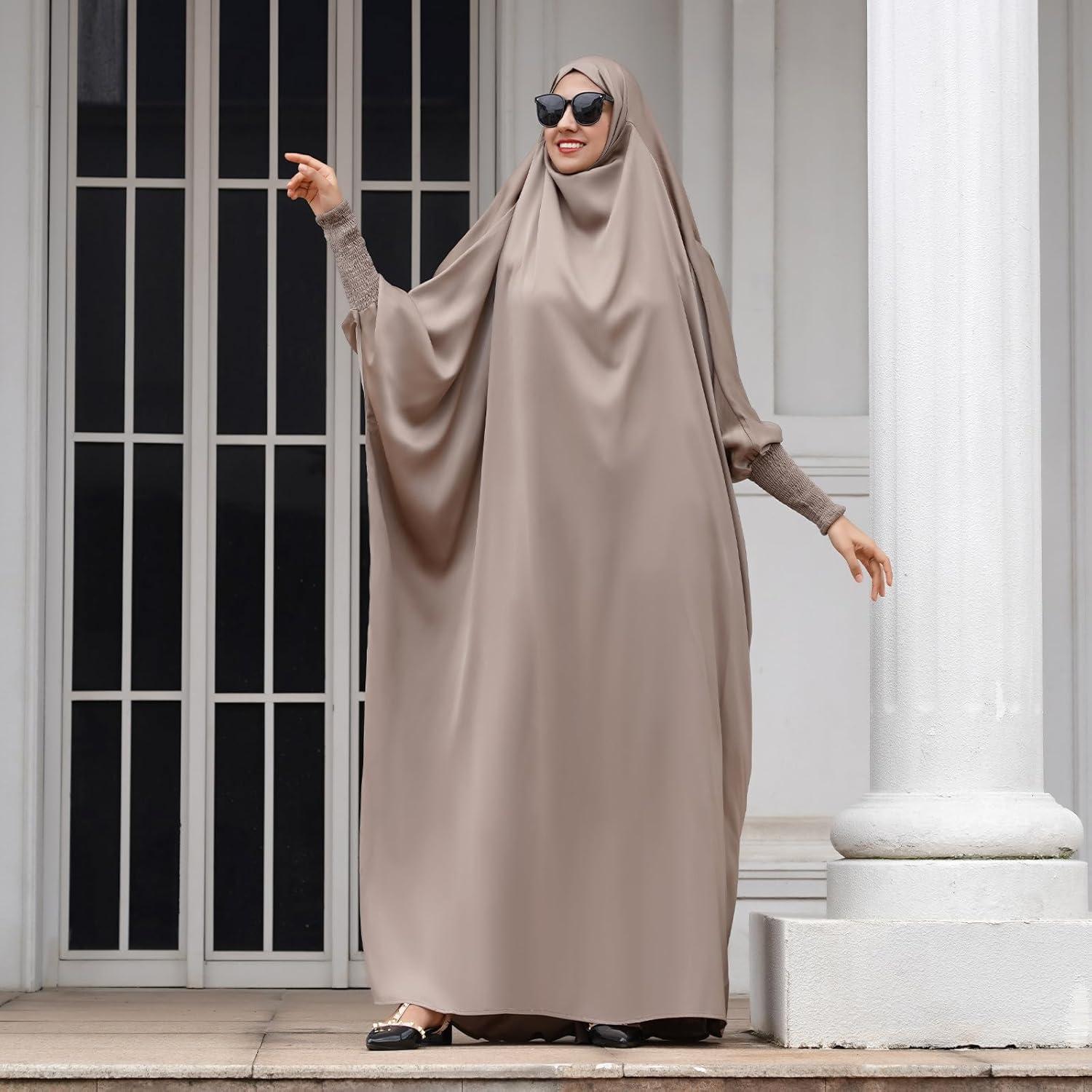 imageIDOPIP Muslim Abaya for Women One Piece Long Sleeve Islamic Prayer Dress with Hooded Hijab Maxi Kaftan Robe Modest ClothesLight Khaki