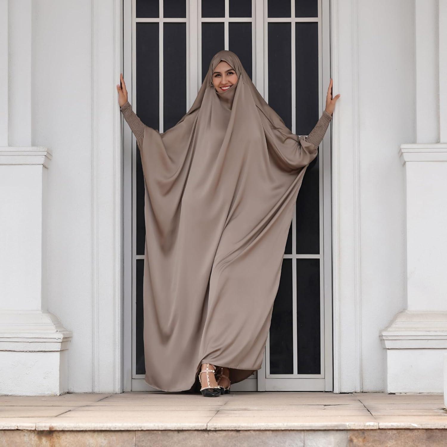 imageIDOPIP Muslim Abaya for Women One Piece Long Sleeve Islamic Prayer Dress with Hooded Hijab Maxi Kaftan Robe Modest ClothesLight Khaki