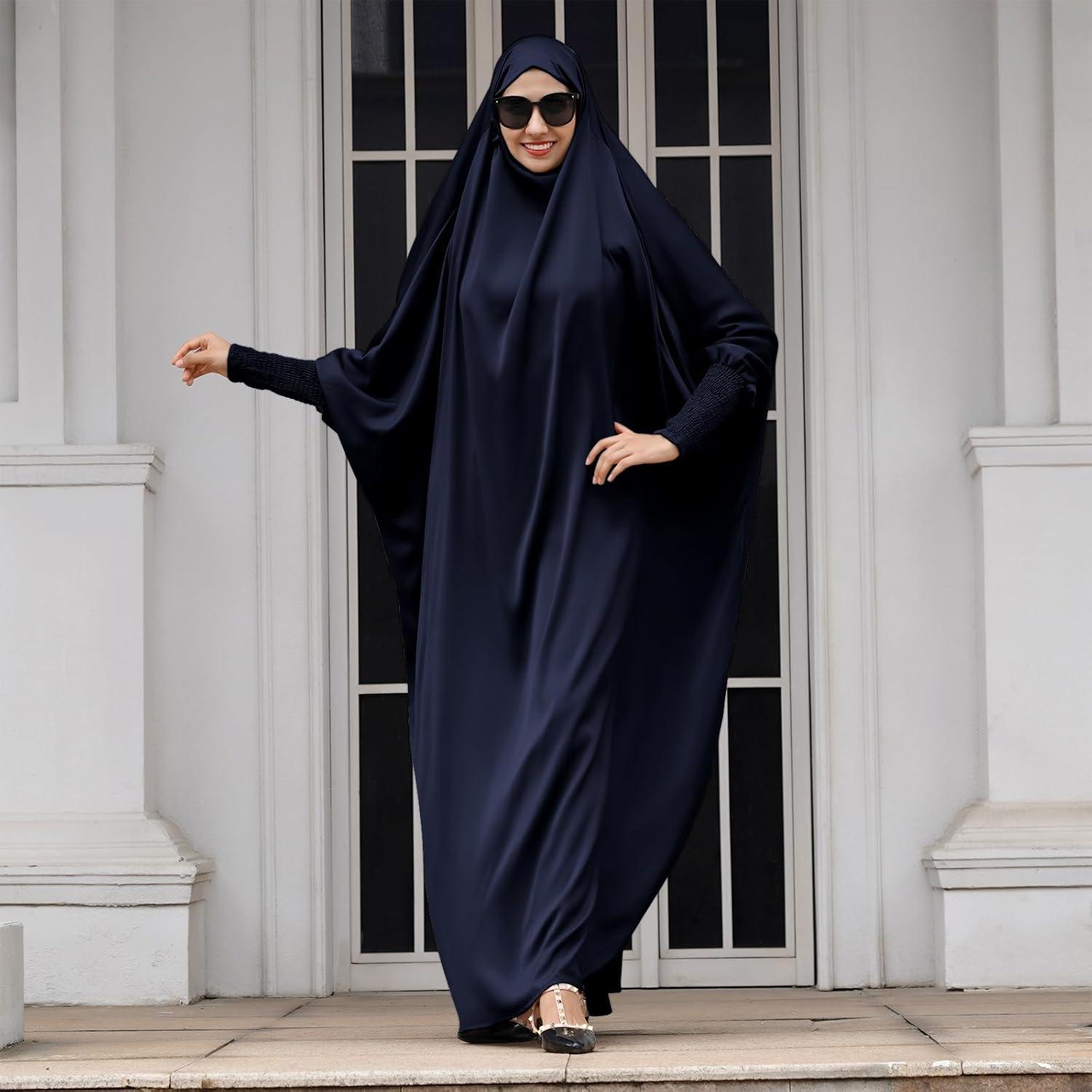 imageIDOPIP Muslim Abaya for Women One Piece Long Sleeve Islamic Prayer Dress with Hooded Hijab Maxi Kaftan Robe Modest ClothesNavy Blue
