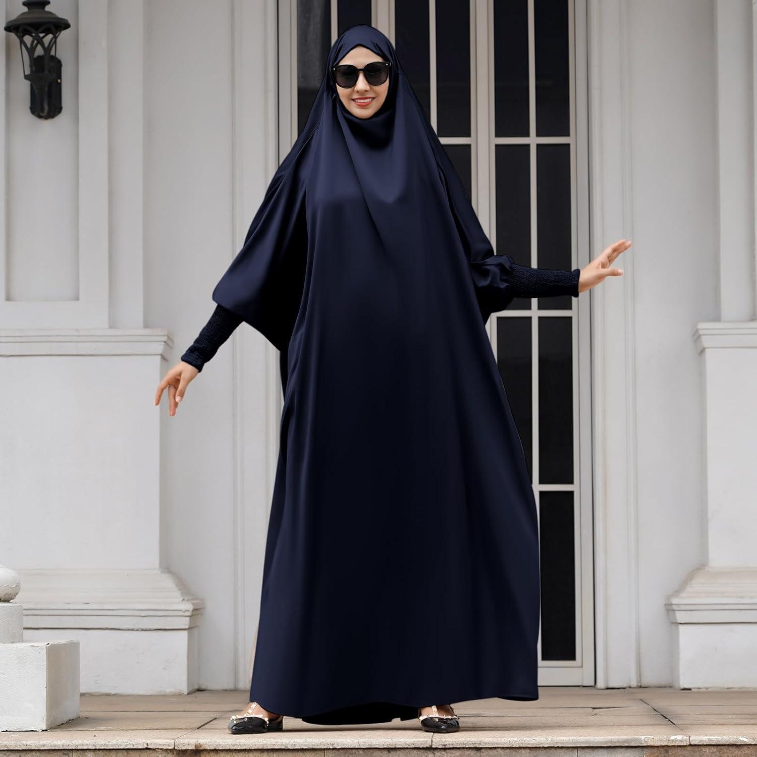 imageIDOPIP Muslim Abaya for Women One Piece Long Sleeve Islamic Prayer Dress with Hooded Hijab Maxi Kaftan Robe Modest ClothesNavy Blue