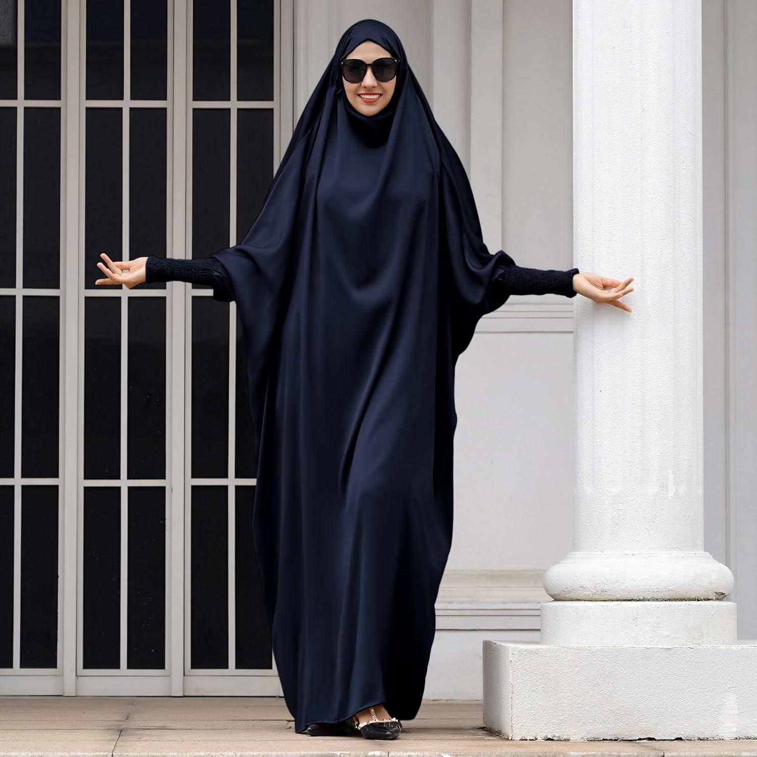 imageIDOPIP Muslim Abaya for Women One Piece Long Sleeve Islamic Prayer Dress with Hooded Hijab Maxi Kaftan Robe Modest ClothesNavy Blue