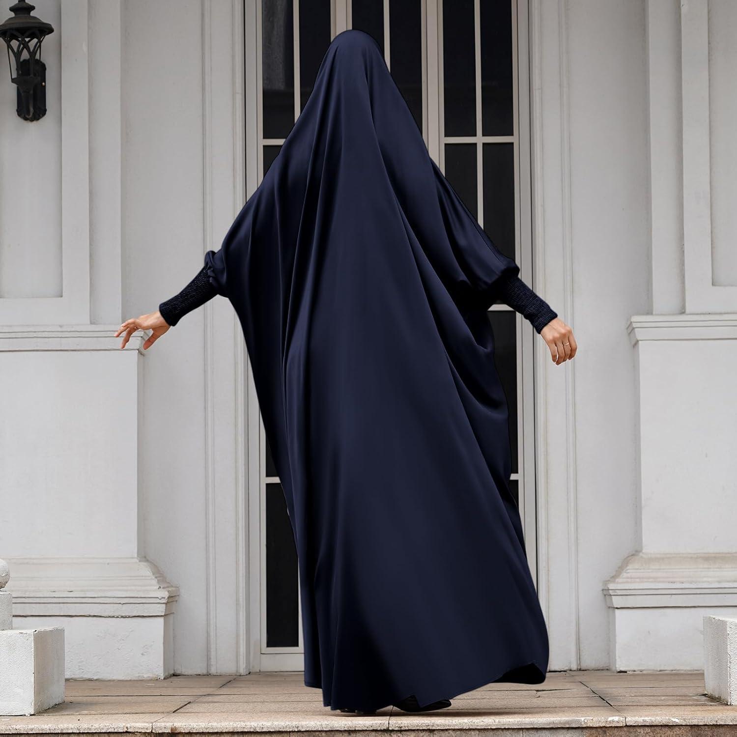 imageIDOPIP Muslim Abaya for Women One Piece Long Sleeve Islamic Prayer Dress with Hooded Hijab Maxi Kaftan Robe Modest ClothesNavy Blue