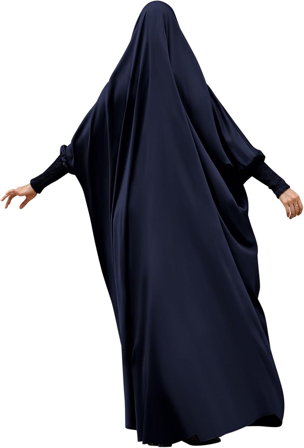 imageIDOPIP Muslim Abaya for Women One Piece Long Sleeve Islamic Prayer Dress with Hooded Hijab Maxi Kaftan Robe Modest ClothesNavy Blue