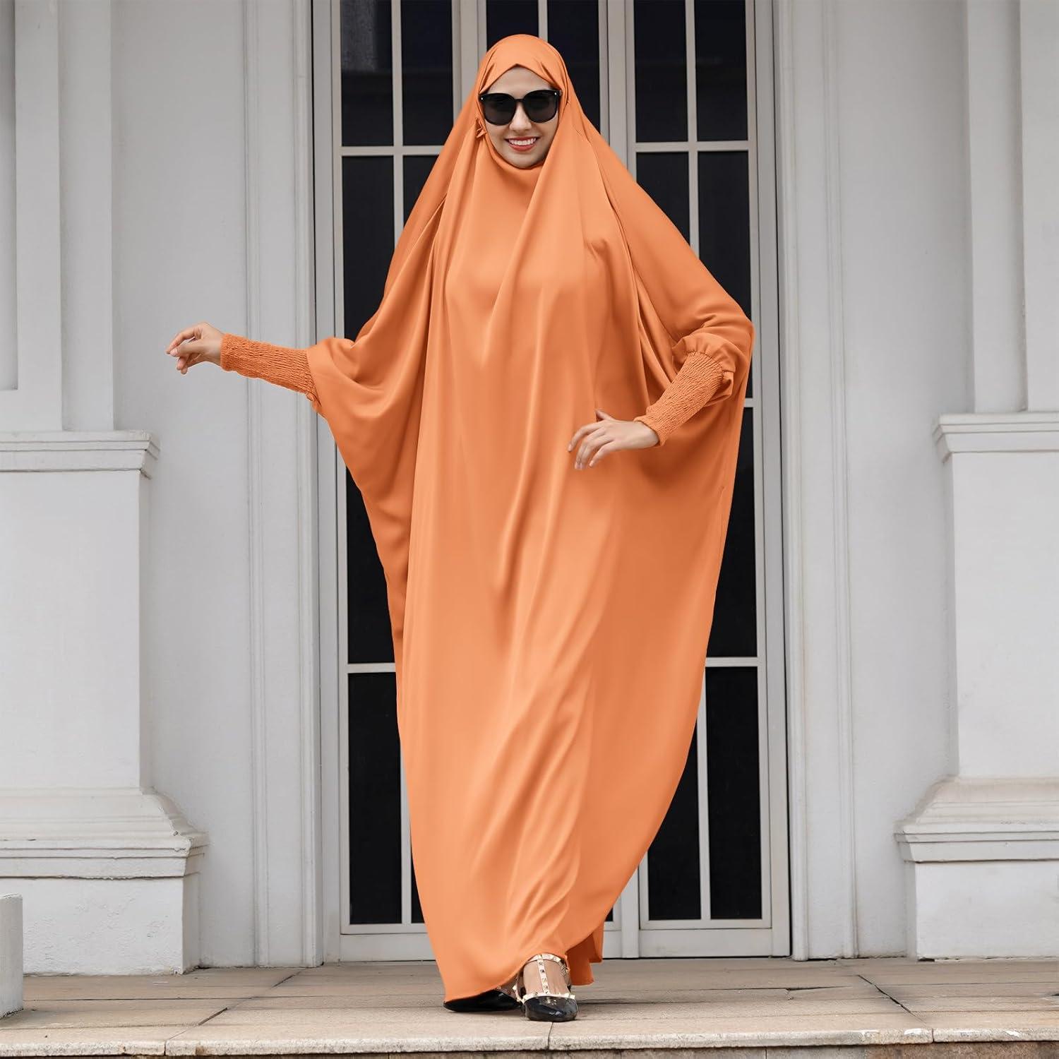 imageIDOPIP Muslim Abaya for Women One Piece Long Sleeve Islamic Prayer Dress with Hooded Hijab Maxi Kaftan Robe Modest ClothesOrange