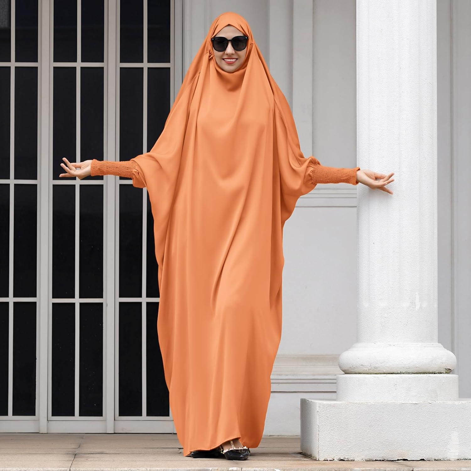 imageIDOPIP Muslim Abaya for Women One Piece Long Sleeve Islamic Prayer Dress with Hooded Hijab Maxi Kaftan Robe Modest ClothesOrange
