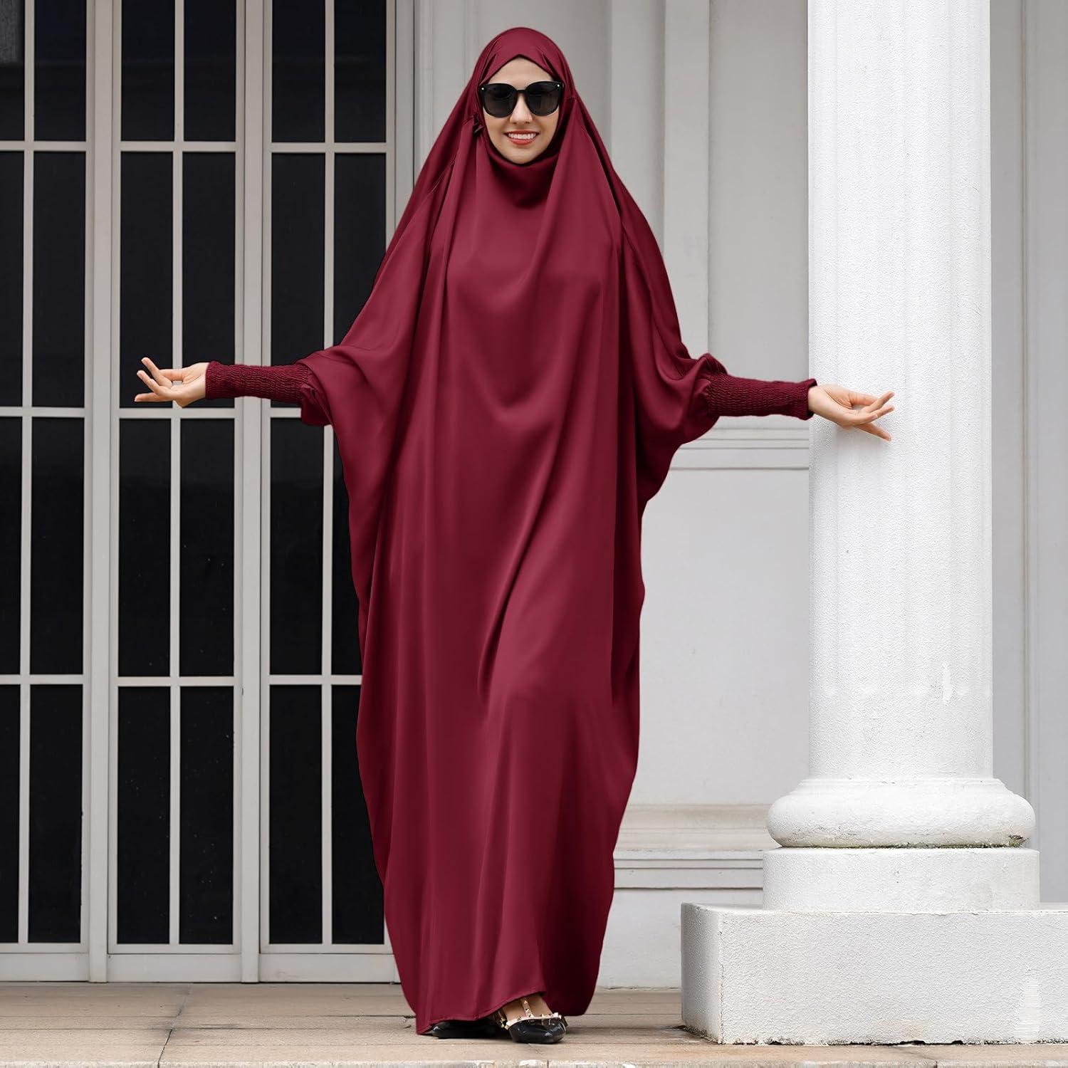 imageIDOPIP Muslim Abaya for Women One Piece Long Sleeve Islamic Prayer Dress with Hooded Hijab Maxi Kaftan Robe Modest ClothesWine Red