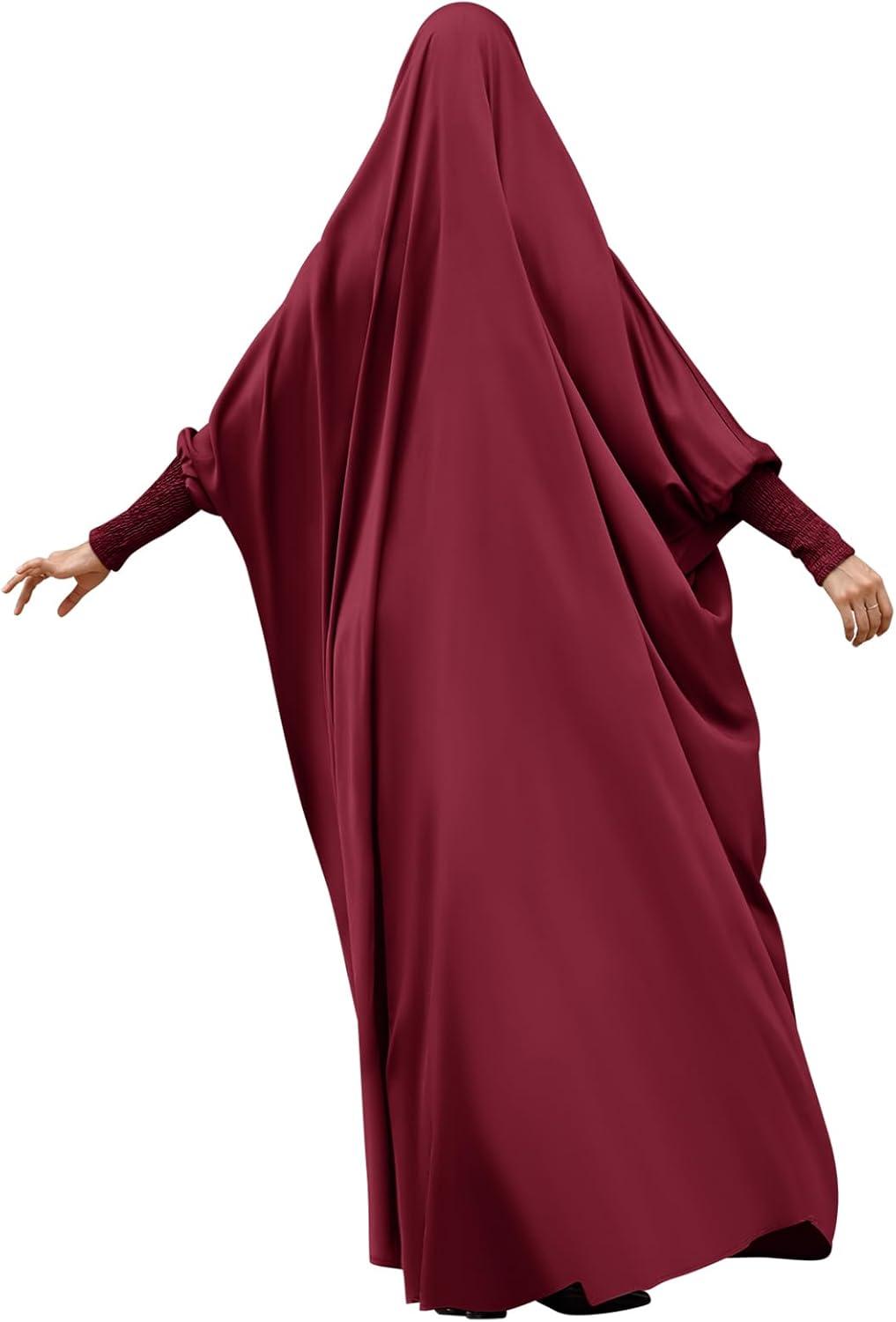 imageIDOPIP Muslim Abaya for Women One Piece Long Sleeve Islamic Prayer Dress with Hooded Hijab Maxi Kaftan Robe Modest ClothesWine Red