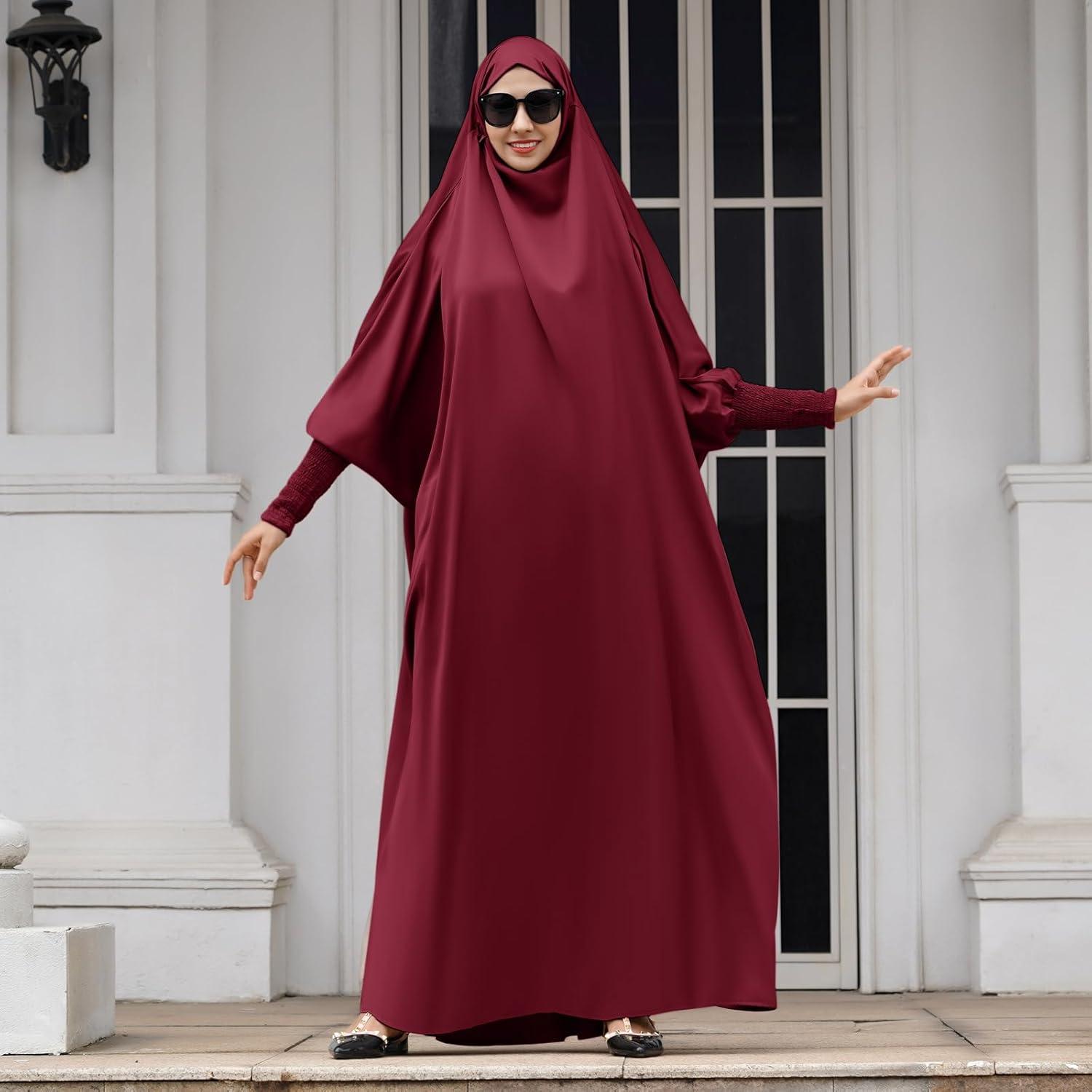 imageIDOPIP Muslim Abaya for Women One Piece Long Sleeve Islamic Prayer Dress with Hooded Hijab Maxi Kaftan Robe Modest ClothesWine Red