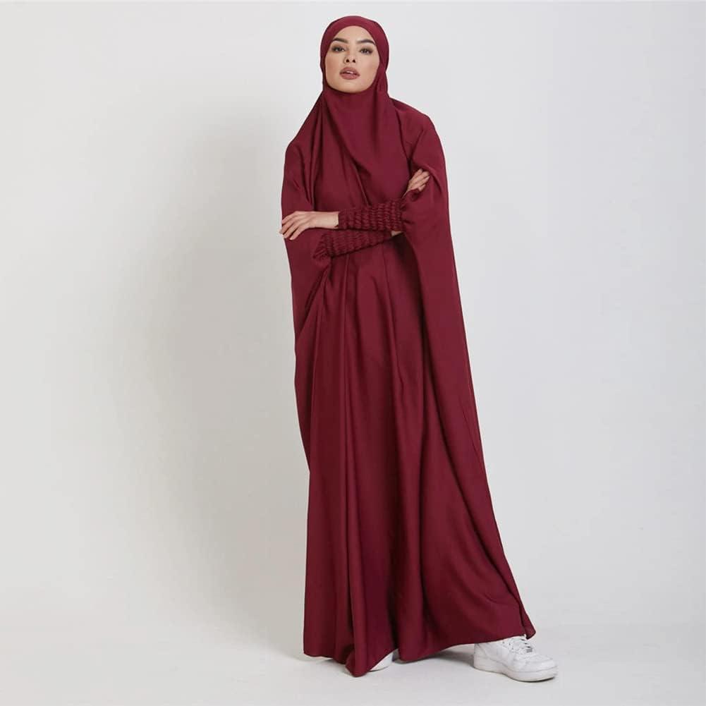 imageIDOPIP Muslim Abaya for Women One Piece Long Sleeve Islamic Prayer Dress with Hooded Hijab Maxi Kaftan Robe Modest ClothesWine Red