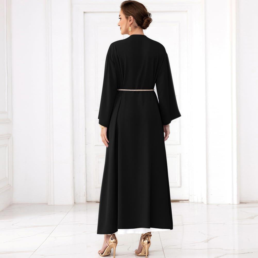 imageIDOPIP Muslim Abayas for Women Long Sleeve Open Front Cardigan Rhinestone Applique Islamic Dubai Maxi Kaftan Dress with BeltBlack
