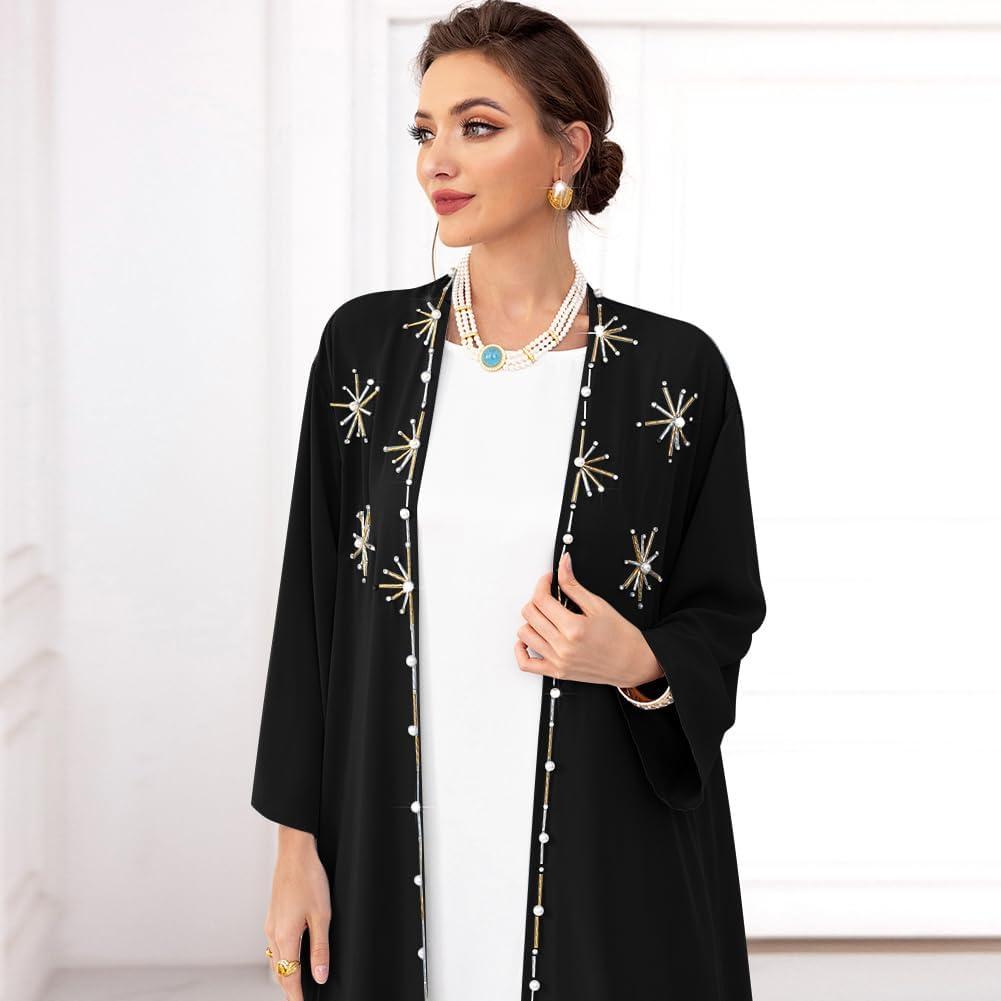imageIDOPIP Muslim Abayas for Women Long Sleeve Open Front Cardigan Rhinestone Applique Islamic Dubai Maxi Kaftan Dress with BeltBlack