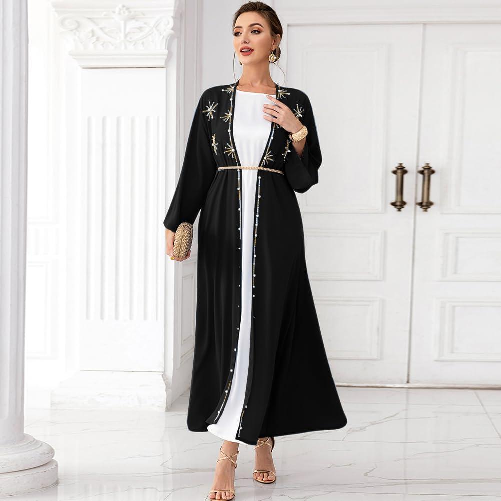 imageIDOPIP Muslim Abayas for Women Long Sleeve Open Front Cardigan Rhinestone Applique Islamic Dubai Maxi Kaftan Dress with BeltBlack