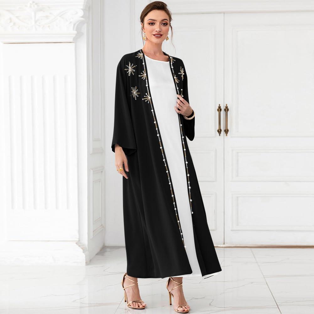 imageIDOPIP Muslim Abayas for Women Long Sleeve Open Front Cardigan Rhinestone Applique Islamic Dubai Maxi Kaftan Dress with BeltBlack