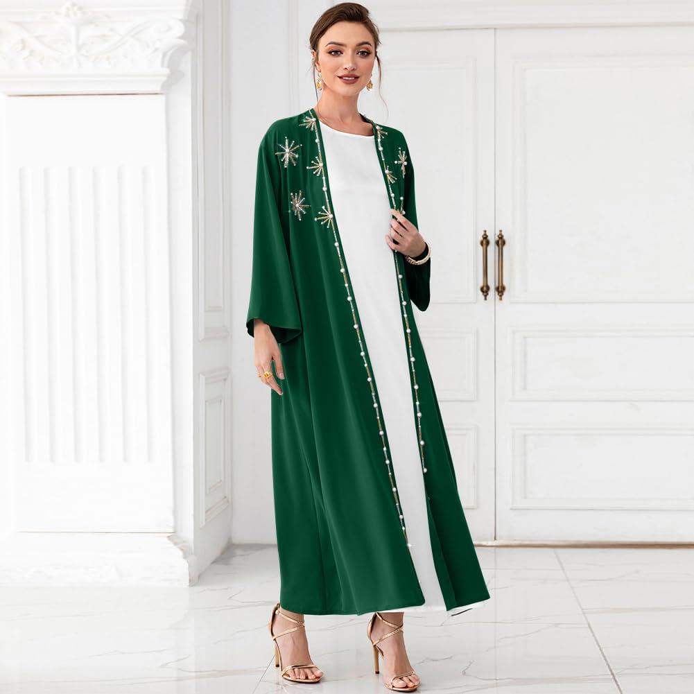 imageIDOPIP Muslim Abayas for Women Long Sleeve Open Front Cardigan Rhinestone Applique Islamic Dubai Maxi Kaftan Dress with BeltBlackish Green