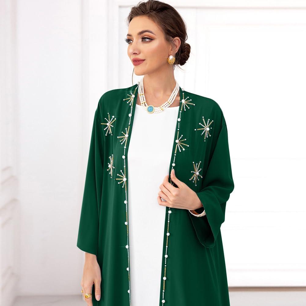 imageIDOPIP Muslim Abayas for Women Long Sleeve Open Front Cardigan Rhinestone Applique Islamic Dubai Maxi Kaftan Dress with BeltBlackish Green