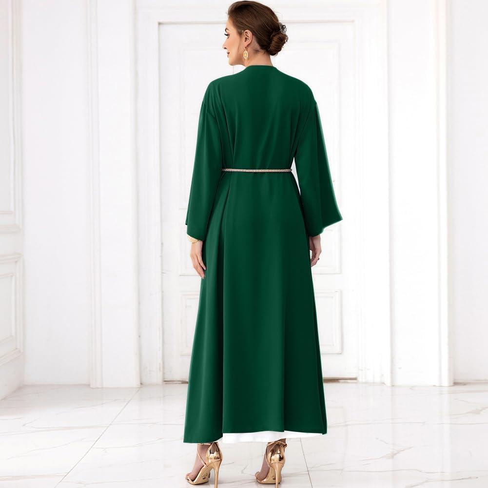 imageIDOPIP Muslim Abayas for Women Long Sleeve Open Front Cardigan Rhinestone Applique Islamic Dubai Maxi Kaftan Dress with BeltBlackish Green