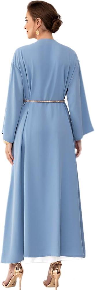 imageIDOPIP Muslim Abayas for Women Long Sleeve Open Front Cardigan Rhinestone Applique Islamic Dubai Maxi Kaftan Dress with BeltBlue
