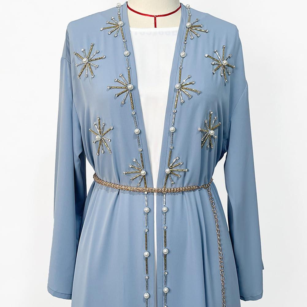 imageIDOPIP Muslim Abayas for Women Long Sleeve Open Front Cardigan Rhinestone Applique Islamic Dubai Maxi Kaftan Dress with BeltBlue