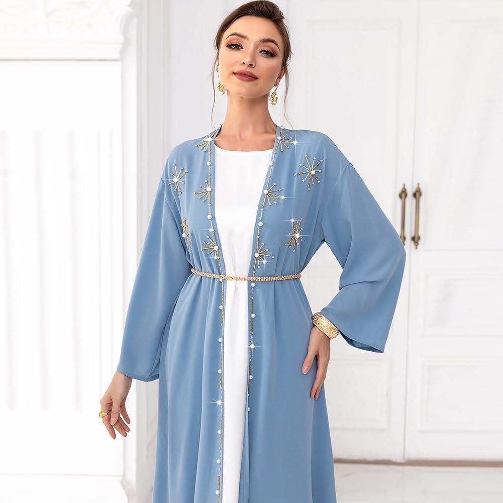 imageIDOPIP Muslim Abayas for Women Long Sleeve Open Front Cardigan Rhinestone Applique Islamic Dubai Maxi Kaftan Dress with BeltBlue