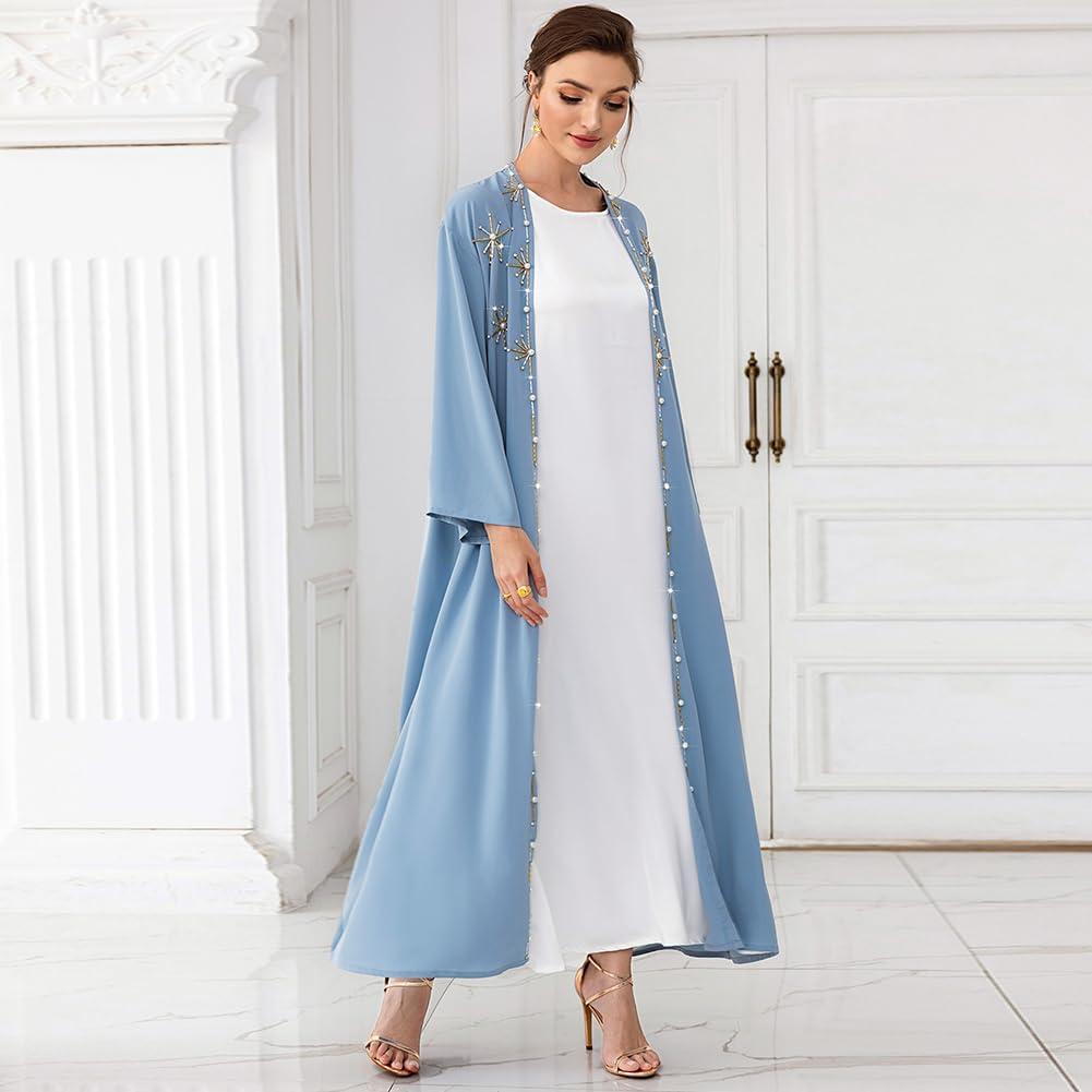 imageIDOPIP Muslim Abayas for Women Long Sleeve Open Front Cardigan Rhinestone Applique Islamic Dubai Maxi Kaftan Dress with BeltBlue