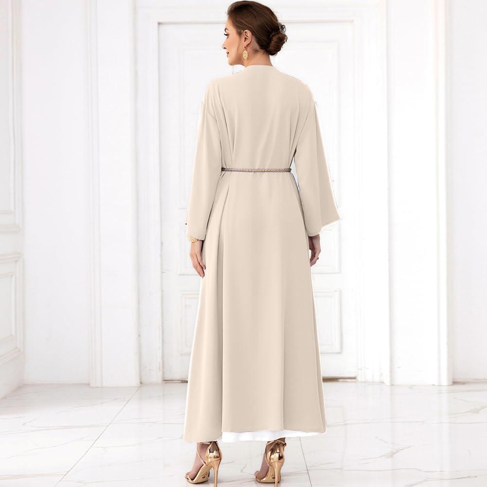imageIDOPIP Muslim Abayas for Women Long Sleeve Open Front Cardigan Rhinestone Applique Islamic Dubai Maxi Kaftan Dress with BeltChampagne