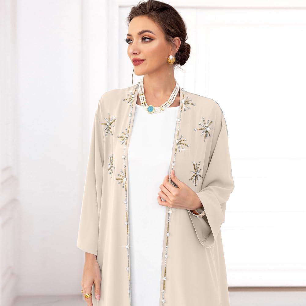 imageIDOPIP Muslim Abayas for Women Long Sleeve Open Front Cardigan Rhinestone Applique Islamic Dubai Maxi Kaftan Dress with BeltChampagne