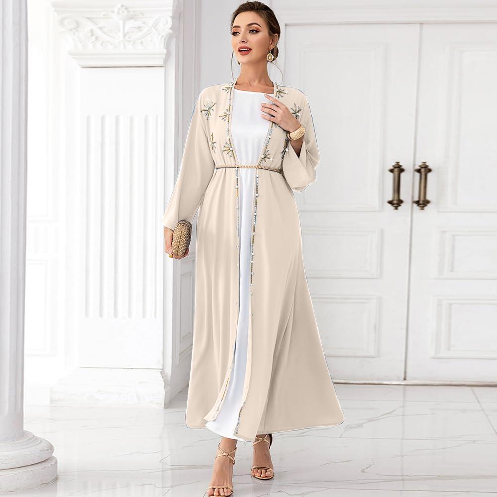 imageIDOPIP Muslim Abayas for Women Long Sleeve Open Front Cardigan Rhinestone Applique Islamic Dubai Maxi Kaftan Dress with BeltChampagne