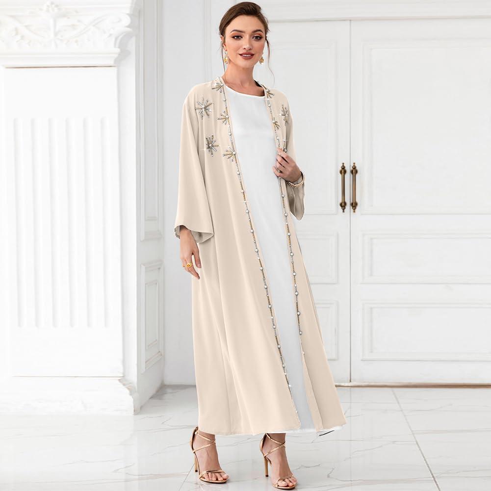 imageIDOPIP Muslim Abayas for Women Long Sleeve Open Front Cardigan Rhinestone Applique Islamic Dubai Maxi Kaftan Dress with BeltChampagne