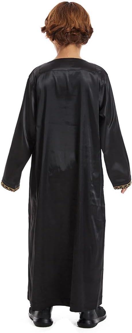 imageIDOPIP Muslim Arabic Thobe for Boys Kids Long Sleeve Islamic Arabic Kaftan Robe Embroidered Abaya Dress Clothes with PocketsBlack