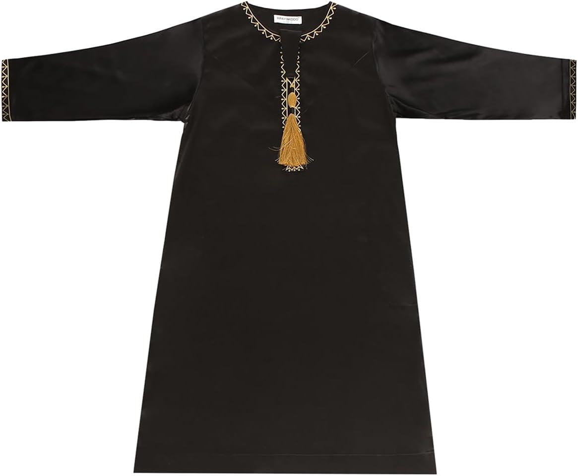 imageIDOPIP Muslim Arabic Thobe for Boys Kids Long Sleeve Islamic Arabic Kaftan Robe Embroidered Abaya Dress Clothes with PocketsBlack