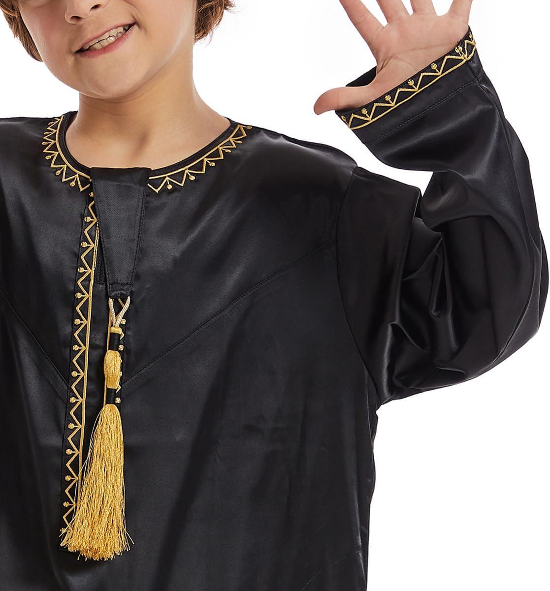 imageIDOPIP Muslim Arabic Thobe for Boys Kids Long Sleeve Islamic Arabic Kaftan Robe Embroidered Abaya Dress Clothes with PocketsBlack